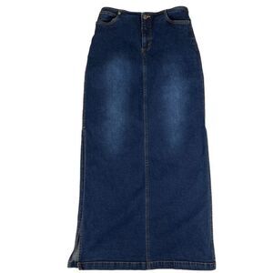 Contrast Denim Maxi Skirt Blue Front/Back Pockets Side Slits Women's Size 9